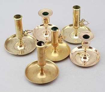 LJUSSTAKAR, 6 st, mässing, Bl a Westerås Metallfabrik, 1800-tal.