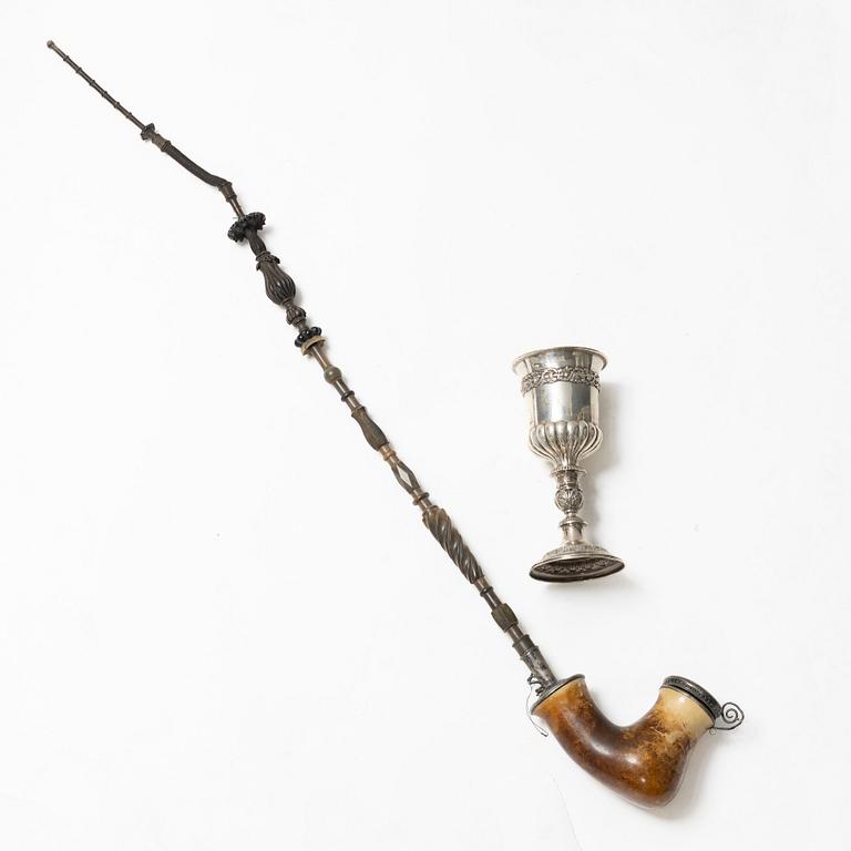 Cup and pipe, silver, one with mark of Claes Christian Carlén, Borås 1854.
