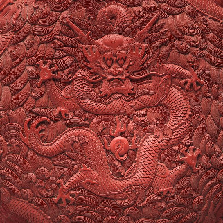 A carved red dragon box with cover, Qing dynasty (1662-1912).