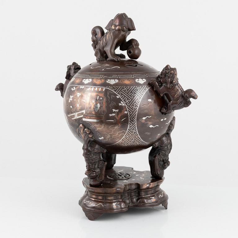 A bronze incense burner with cover and stand, China, 20th century.