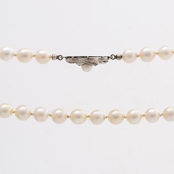 PERAL NECKLACE cultured pearls approx 8 mm, clasp 18K whitegold w 1 cultured pearl approx 5,5 mm and single-cut diamonds.