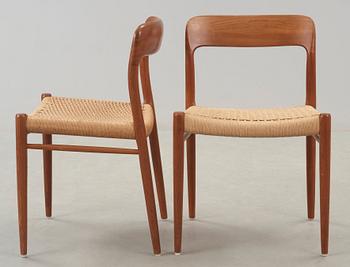 A set of six Niels Ole Møller teak chairs, JL Møller, Højberg, Denmark 1950's-60's.