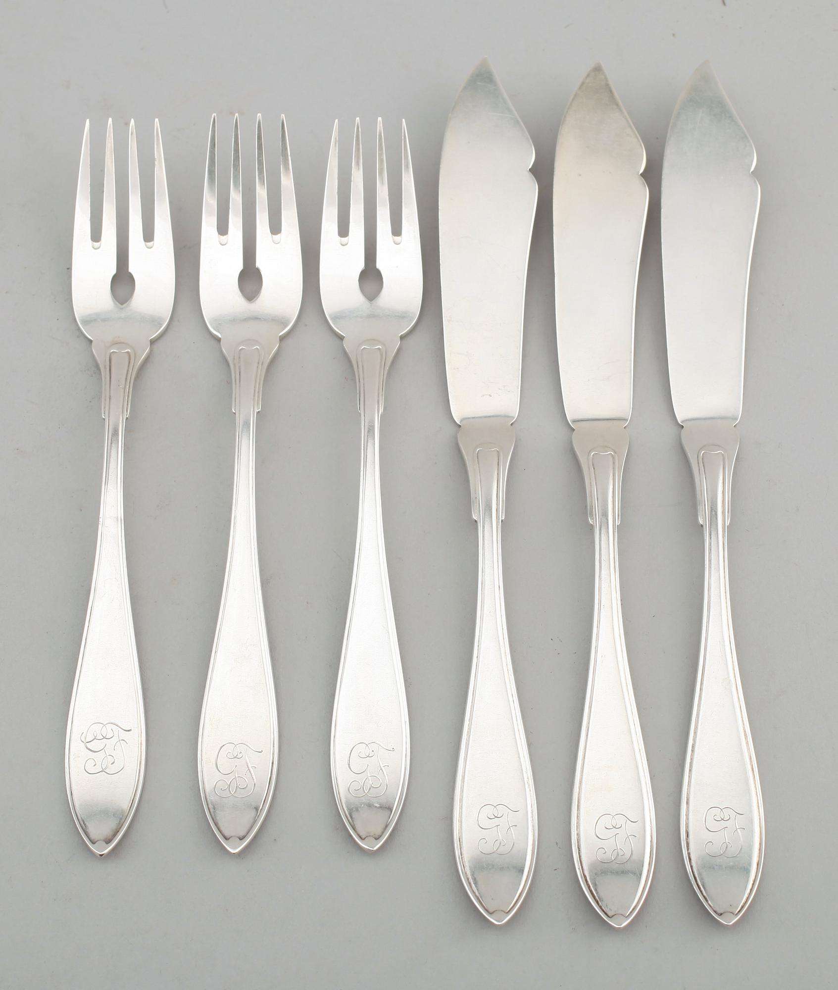 FISKBESTICK, 24 delar, silver, Stockholm 1927. Vikt ca 1173 g.