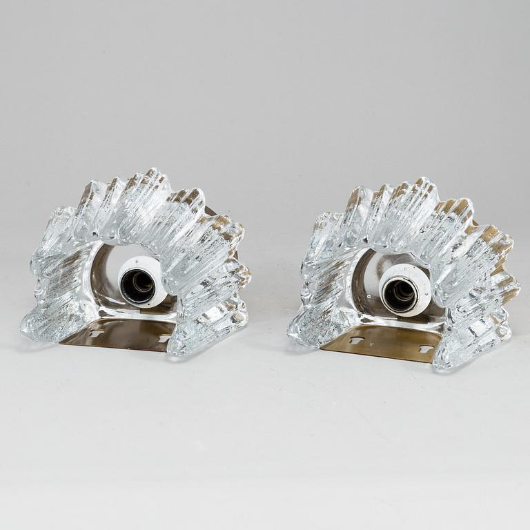 A pair of glass and brass wall lights, Nafa, Nybro Armaturfabrik AB, second half of the 20th century.