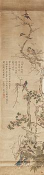 140. A hanging scroll of birds flowering camellia and prunus, late Qing dynasty (1644-1912).