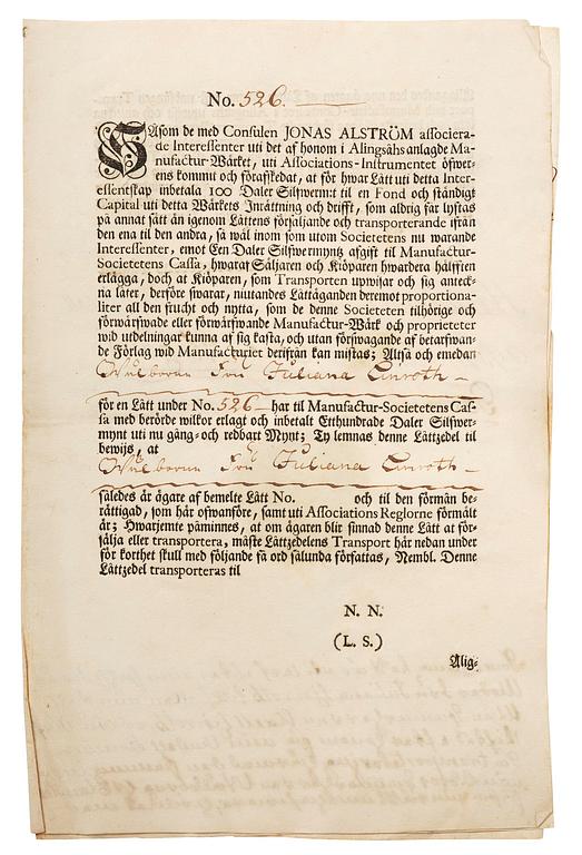 A Swedish share certificate, Ahlingsåhs Manufaktur Werk, No 526, 1728.