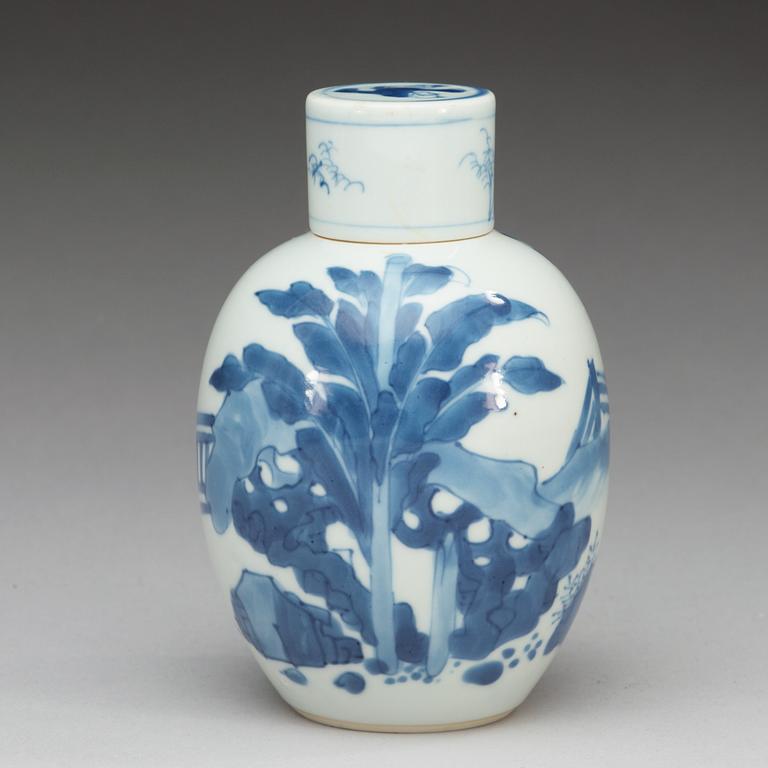 A blue and white jar with cover, Qing dynasty, Kangxi (1662-1722), with Chenghua four character mark.