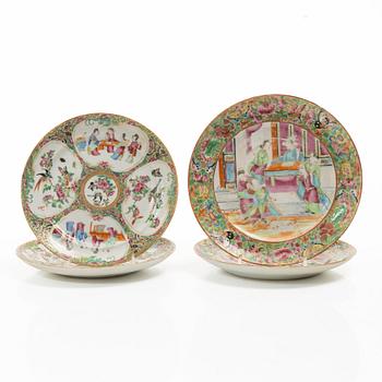 A matched set of 14 famille rose 'Canton' dinner plates, Qing dynasty, 19th century.