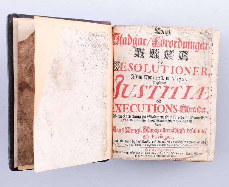 BOK: Kongl. stadgar, förordningar, bref och resolutioner: ifrån åhr 1528, in til 1701 af Johan Henrich Werner 1706.