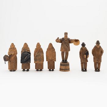 Axel Petersson Döderhultarn, sculptures, 7, carved and paitnted wood, signed.