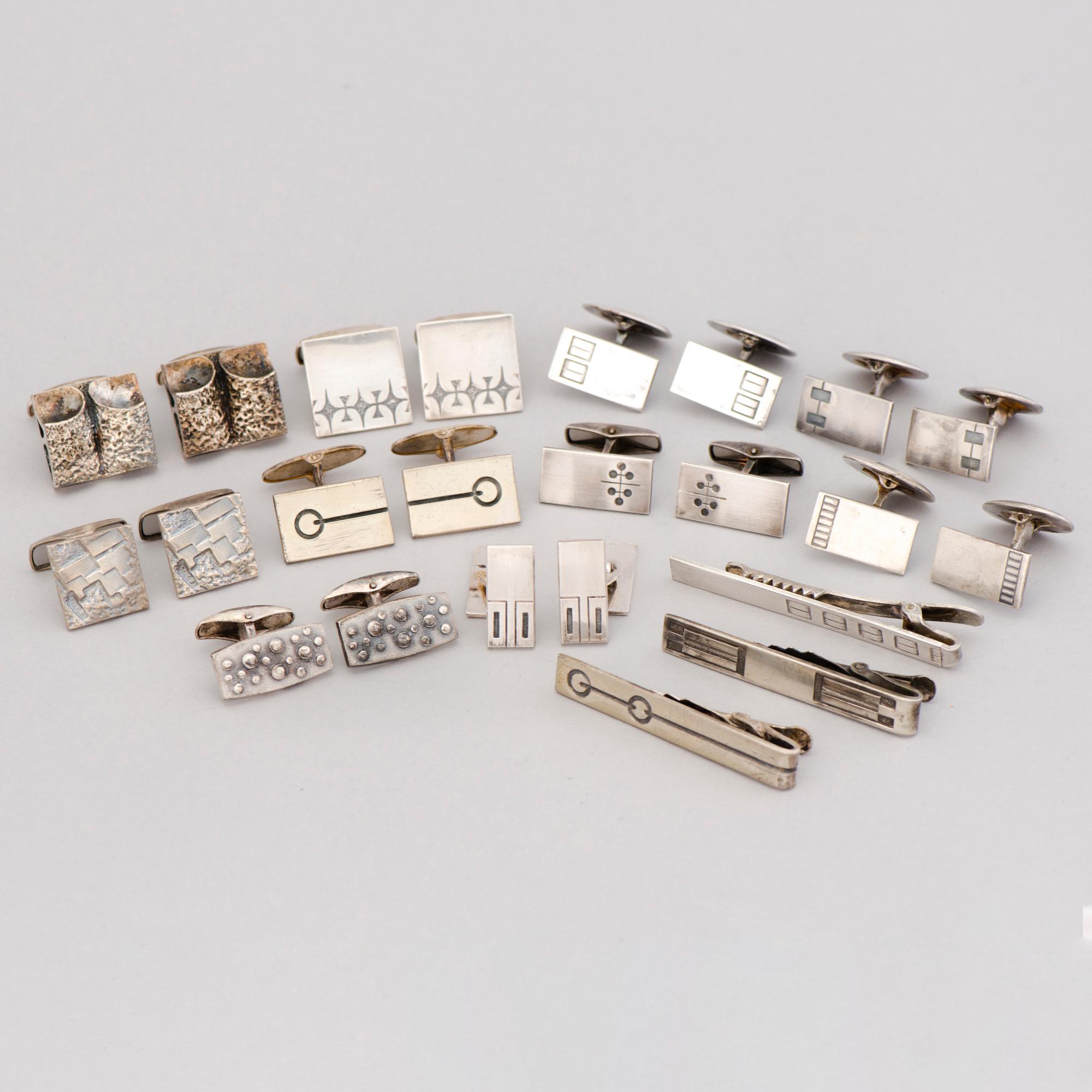 CUFFLINKS, 10 pairs, and TIEPINS, 3 pcs, silver. Finland 1960/70s.