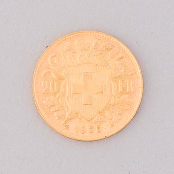 GOLD COIN, 20 fr, Schweiz 1935. weight ca 6,4 g.