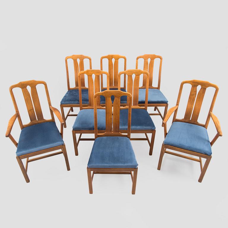 Carl Malmsten, 2 karmituolia sekä 6 tuolia, "Amabssadör", Åfors Möbelfabrik, 1900-luvun loppu.