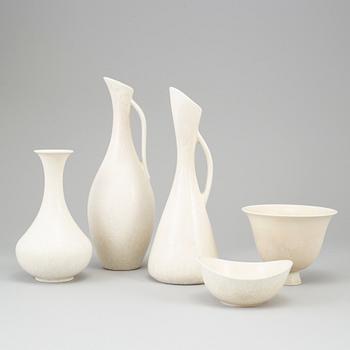 GUNNAR NYLUND, three stoneware vases and two stoneware bowls, Rörstrand, Sweden.