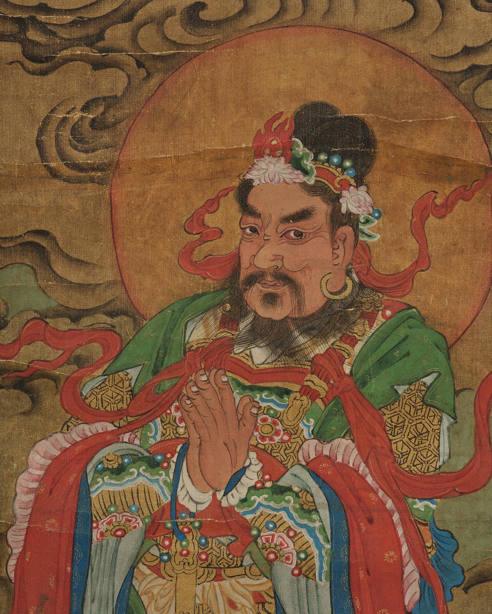 Two Chinese scroll paintings of Heavenly and Earthly Deities from the Water-Land Ritual, late Qing dynasty.