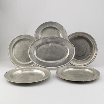 A group of six pewter dishes, different makers mark, most early 19th Century, Swedish/English.