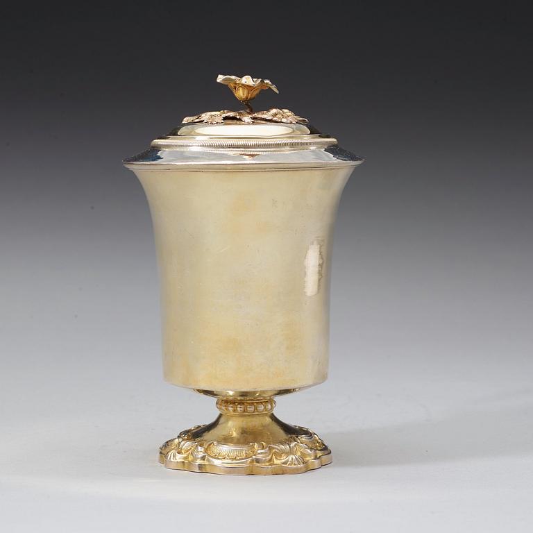 A Russian 19th century silver-gilt cup and cover, unidentified makers mark, Moscow 1847.