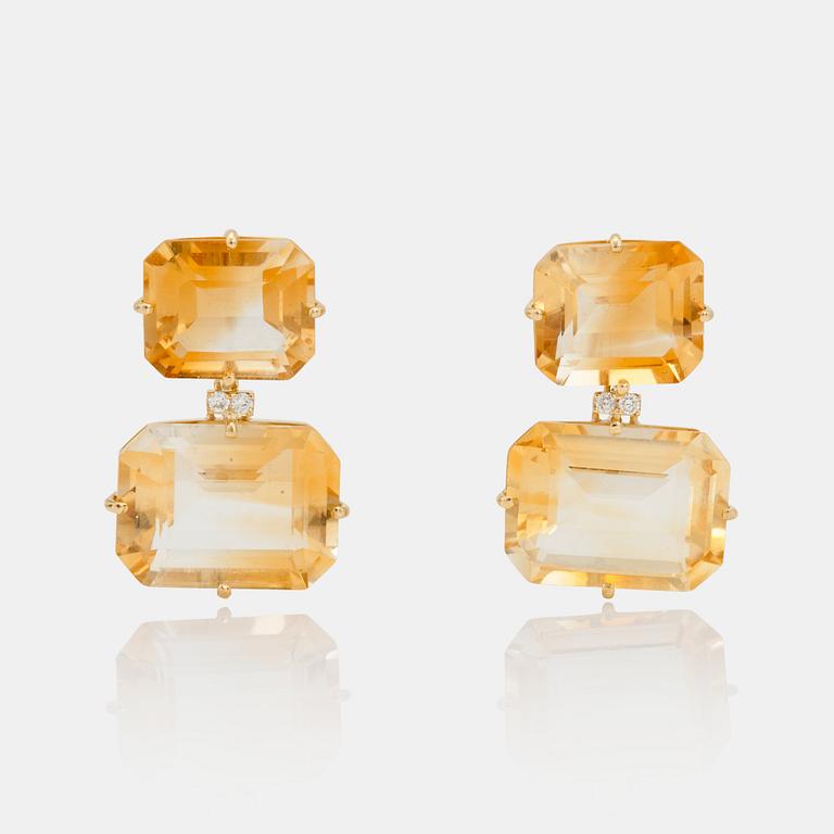A pair of citrine and brilliant -cut diamond earrings.
