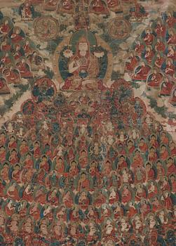 THANGKA, Tsong Khapa och Gelugpaordens tillflyktsträd, Tibet, troligen 1800-tal.
