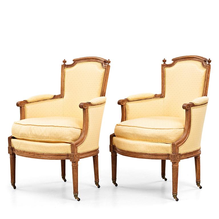 A pair of Louis XVI late 18th century bergeres by Claude Lerat (master in Paris 1785).