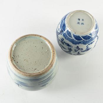 Two blue and white urns and a Canton box with cover, China, 19th century.