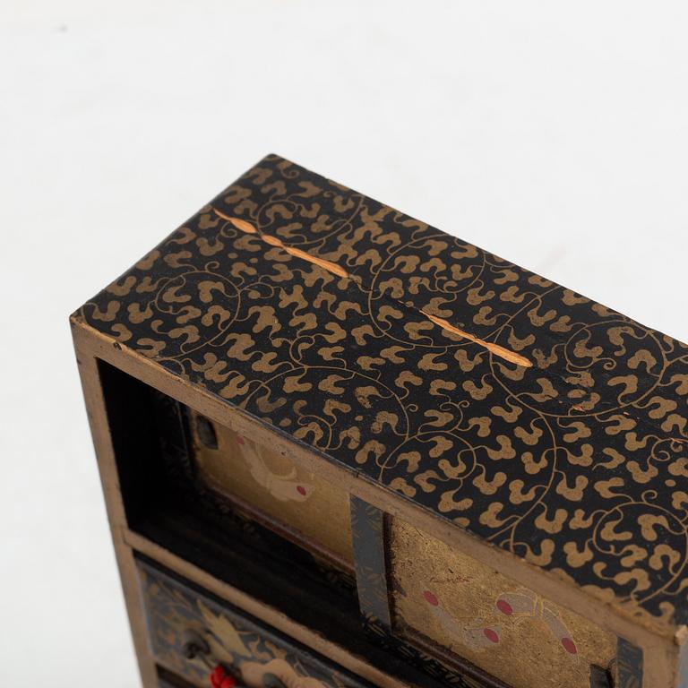 Doll, doll furniture, and table screen, Japan, wood, lacquer and paper, partly Showa, 20th century.