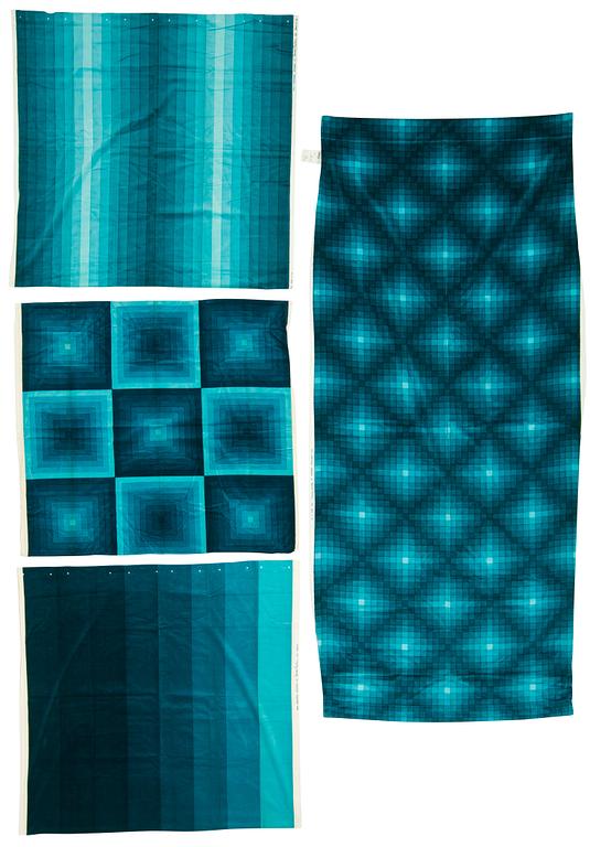 CURTAINS, 3 PIECES, AND SAMPLERS, 7 PIECES.  Cotton velor. A variety of turquoise nuances and patterns. Verner Panton.