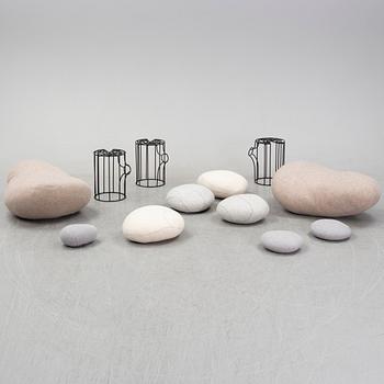 9 pebbles cushions, 'Linvingstones', Smarin, and three stools, 'Wire Log', Pols Potten.