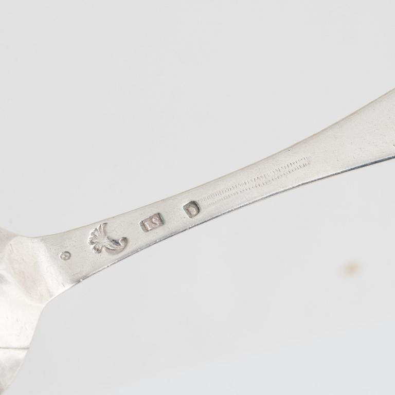 Johan Söderdahl, funeral spoon, silver, Söderköping 1762, along with two baroque style spoons, CG Hallberg, Stockholm.