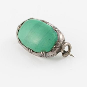 Brooch silver with malachite, antique.