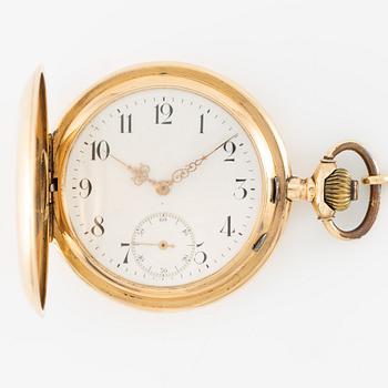 Grosjean Freres, pocket watch, 18K gold, hunter, chain in 18K gold, 53 mm.