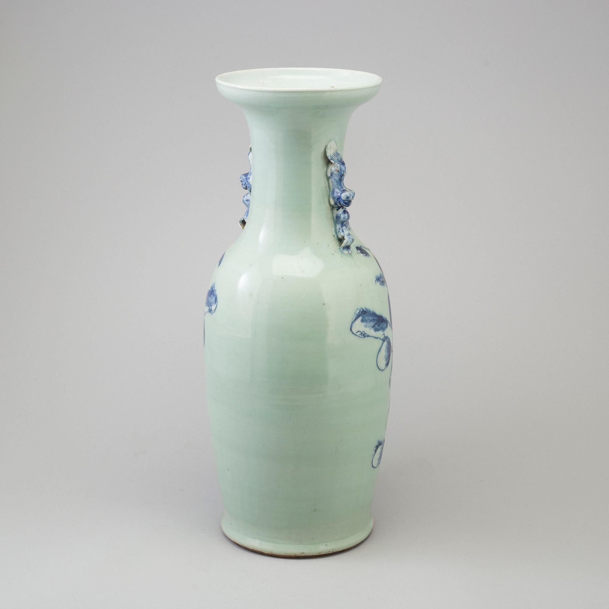 A large blue and white celadon glazed porcelain vase, Qing dynasty, late 19th century.