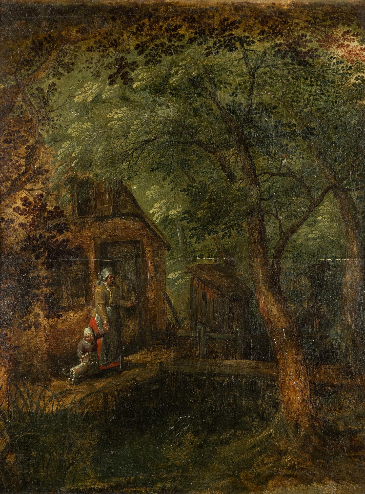 David Vinckboons, hans efterföljd, Mor, dotter och hund vid stuga.