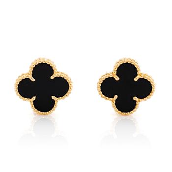 A pair of Van Cleef & Arpels "Alhambra" earrings in 18K gold and onyx.