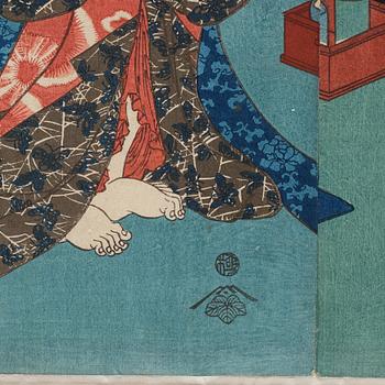 UTAGAWA KUNISADA, även kallad Toyokuni III (1786-1864), triptyk, färgträsnitt. Japan, Eight Views of Edo Figures".