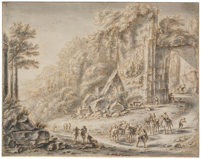 Gillis (Aegidius) Neyts, Ruined landscape with a travelling party.