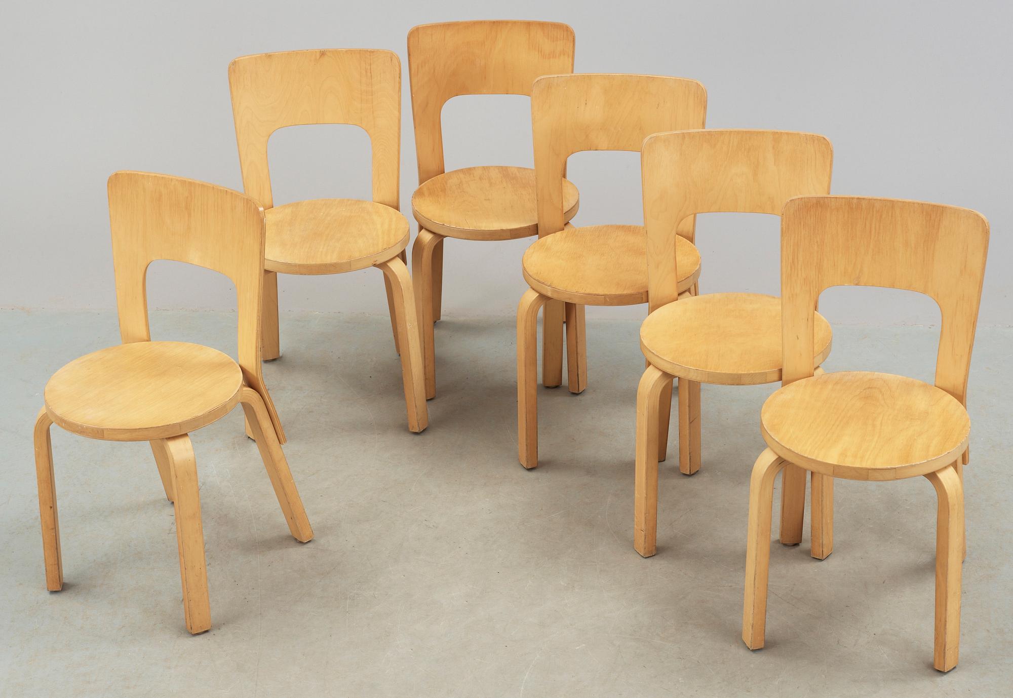 STOLAR, 6 st, modell 66, Alvar Aalto, 1950-tal.