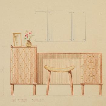 A dressing table with stool and mirror, Stil & Form Arkitektkontor för Möbler o. Inredningar, Stockholm, 1944.