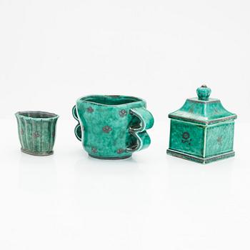 Wilhelm Kåge, An 'Argenta' lidded jar, a cup with handles and a bowl, Gustavsberg, Sweden.
