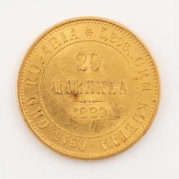 A goldcoin, Finland, Russian Duchy, 20 Markkaa 1880.
