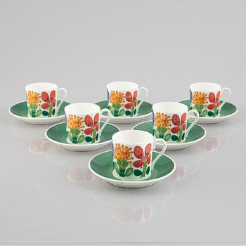 Stig Lindberg, six 'Tahiti' coffee cups with saucers, bone china, Gustavsberg, 1970-73.