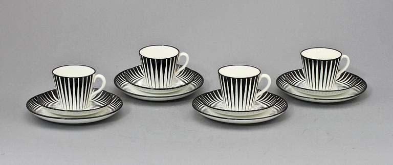 KAFFEKOPPAR, 4 st samt ASSIETTER, 4 st, flintgods, "Zebra", Eugene Trost, Upsala-Ekeby Gefle, 1955-1967.