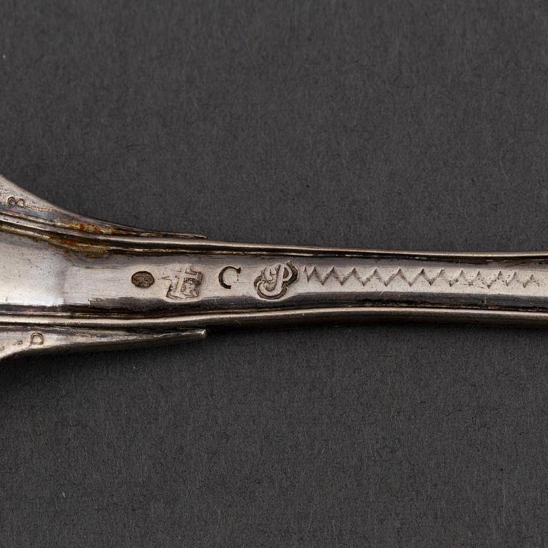 5+1 swedish silver dessert forks, including mark of Petter Julin, Köping 1761.