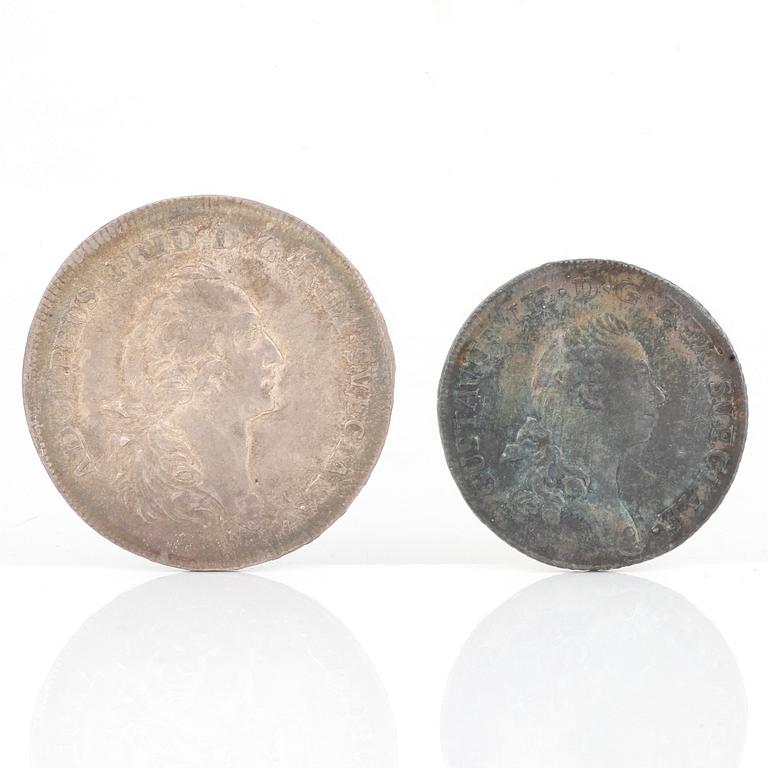 SILVERMYNT, 2 st, 1 resp 1/3 Riksdaler, Adolf Fredrik resp Gustav III av Sverige 1753 resp 1784. Vikt ca 24 gram.