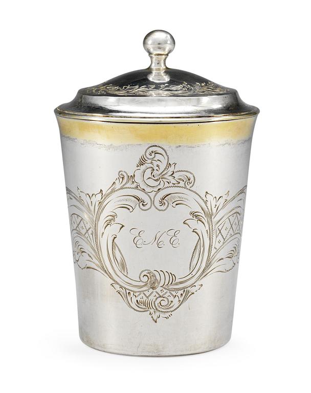 A Swedish 19th cent silver beaker and cover, marks of  Carl Gustaf Herpel Stockholm 1817 and Stefan Westerstråhle 1801.