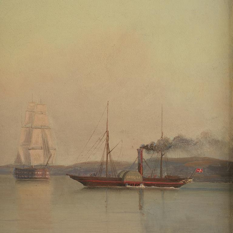 Ehrnfried Wahlqvist Warship at anchor in calm waters by Kronborg Castle.