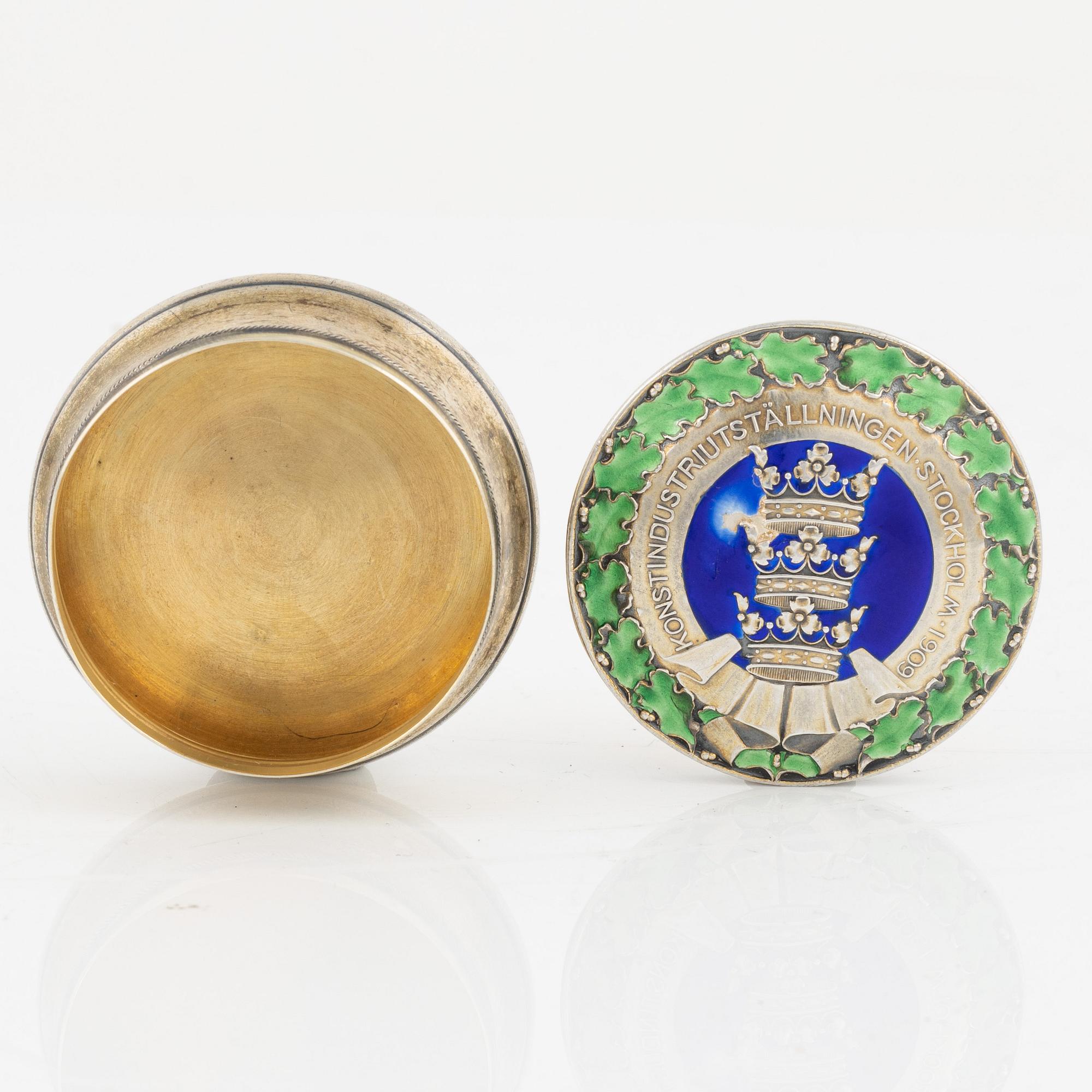 Ferdinand Boberg, a lidded box, silver and enamel. CG Hallberg Stockholm 1909.