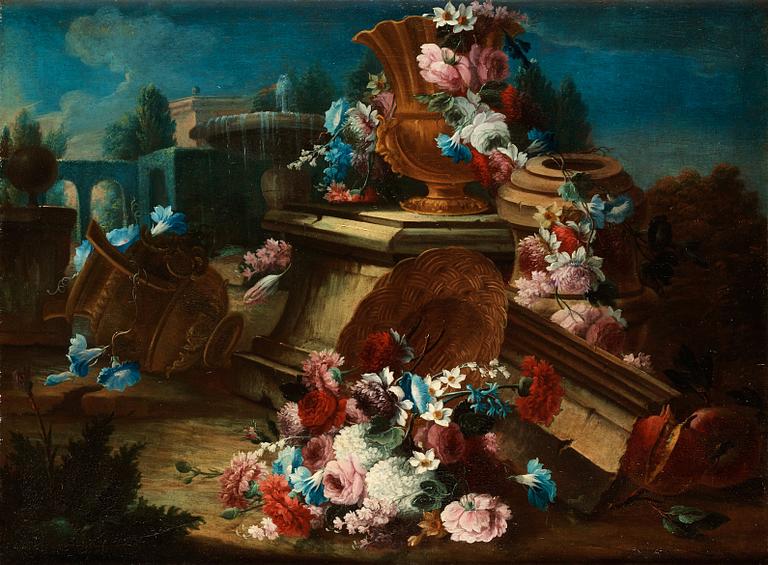 Gasparo Lopez dei Fiori Attributed to, Still Life with flowers, urns and a basket in a landscape.