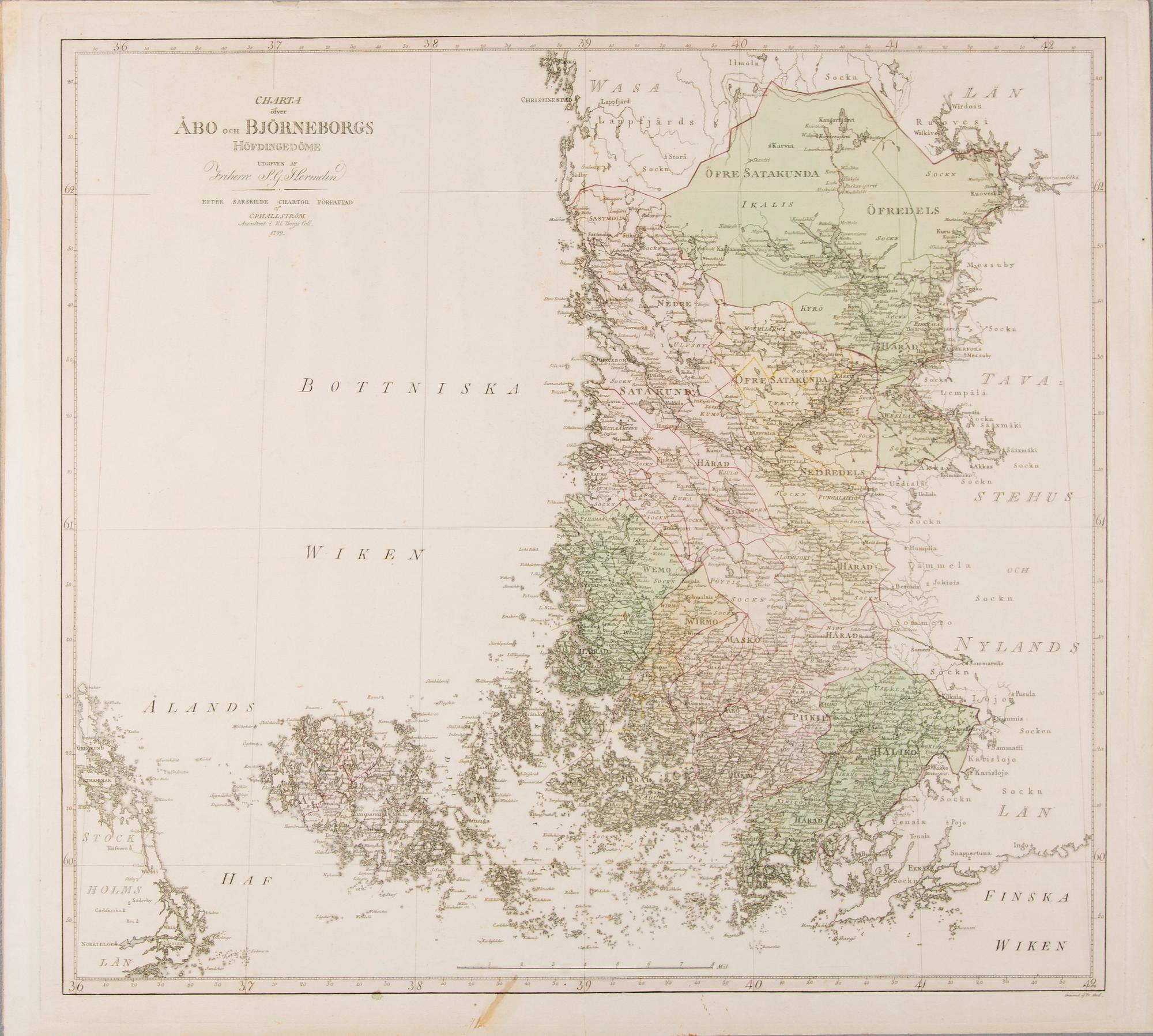 KARTA, Charta öfver Åbo och Björneborgs hövdingedöme, S.G.Hermelin 1799.