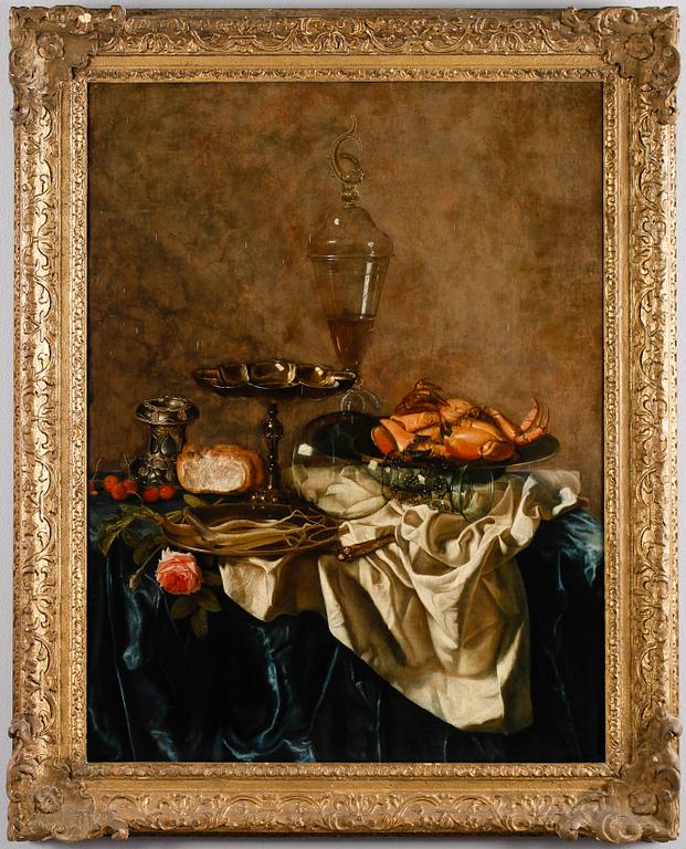 Willem-Claesz Heda Follower of, Still life with a crab, glass trophy, a rose and cherries.
